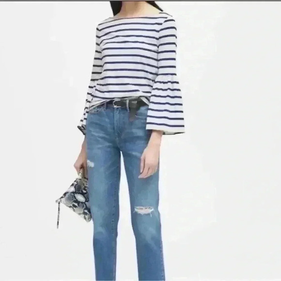 Banana Republic Bell Sleeve Top Supima Cotton Stripes  White & Blue XS - Picture 1 of 16